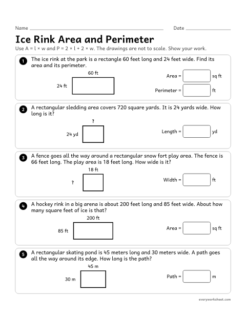 Preview of the printable “Ice rink area and perimeter” worksheet: using the area and perimeter formulas for rectangles, including finding an unknown side