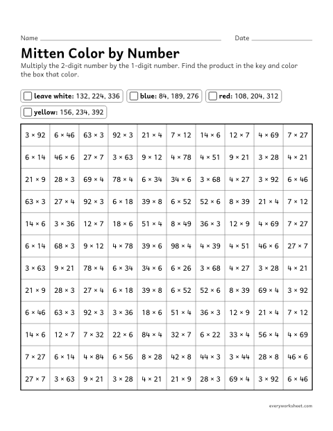 Preview of the printable “Mitten multiplication color by number” worksheet: multiplying 2-digit numbers by 1-digit numbers (color by product)