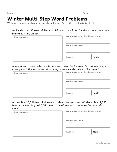 Preview of the printable “Winter Multi-Step word problems” worksheet: multi-step word problems with an equation and an estimate