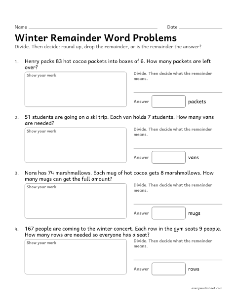 Preview of the printable “Winter remainder word problems” worksheet: interpreting remainders in word problems
