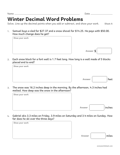 Preview of the printable “Winter decimal word Problems, sheet A” worksheet: solving word problems with decimals and money