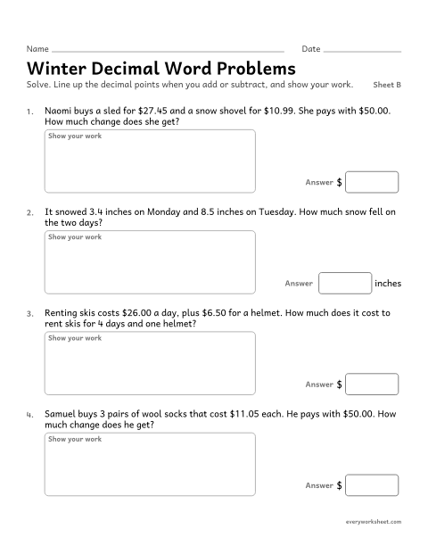 Preview of the printable “Winter decimal word Problems, sheet B” worksheet: solving word problems with decimals and money