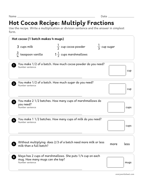 Preview of the printable “Hot cocoa Recipe: multiply fractions” worksheet: multiplying fractions and mixed numbers to scale a recipe, and dividing a whole number by a unit fraction