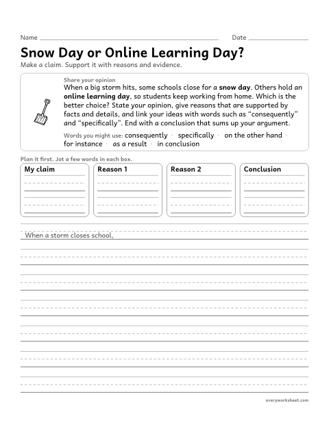 Preview of the printable “Snow day or online learning Day? opinion writing” worksheet: writing an opinion piece with logically ordered reasons supported by facts and details