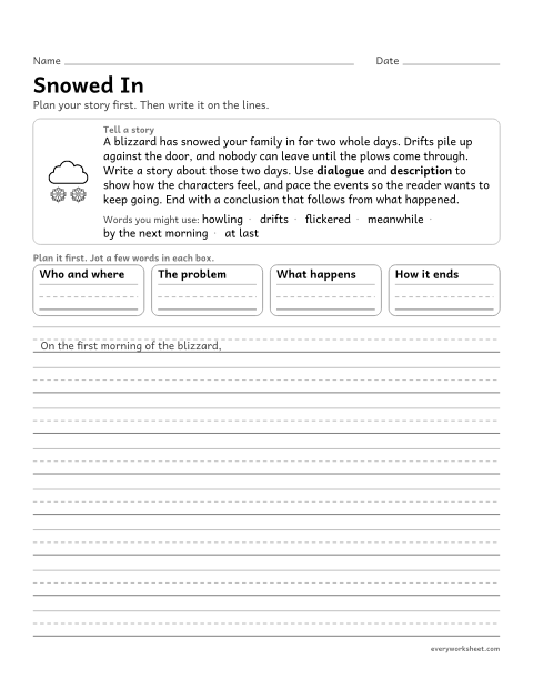 Preview of the printable “Snowed In: winter narrative writing” worksheet: writing a narrative with dialogue, description and pacing, and a conclusion that follows from the events