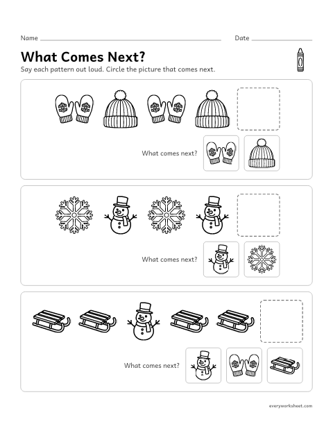 Preview of the printable “Winter Patterns: what comes Next?” worksheet: finishing AB and ABB picture patterns