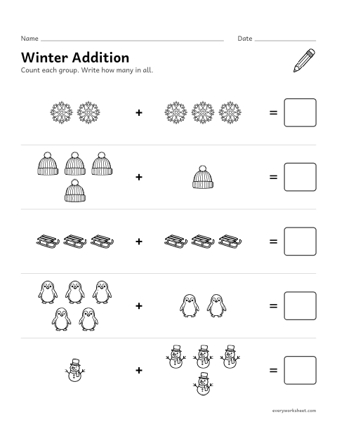 Preview of the printable “Winter picture addition within 10” worksheet: adding within 10 with pictures