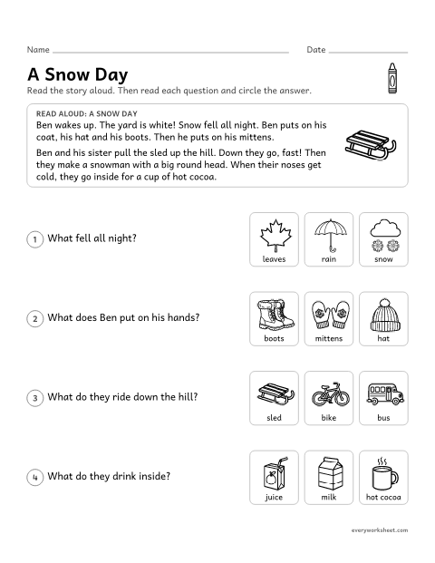 Preview of the printable “Snow Day: winter Read-Aloud” worksheet: listening to a story and answering questions about key details