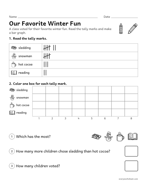 Preview of the printable “Winter tally and bar Graph: favorite winter fun” worksheet: reading tally marks, making a bar graph and comparing