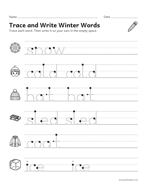 Preview of the printable “Winter word tracing for kindergarten” worksheet: tracing and writing short winter words