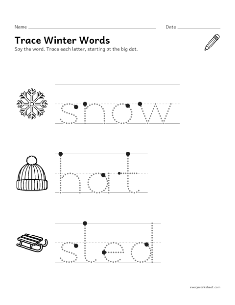 Preview of the printable “Trace winter words for preschool” worksheet: tracing big letters in short winter words