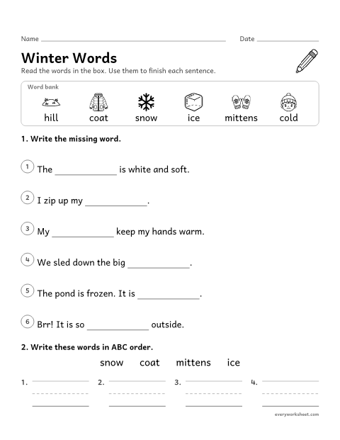 Preview of the printable “Winter vocabulary and spelling words” worksheet: using winter words in sentences and putting words in ABC order