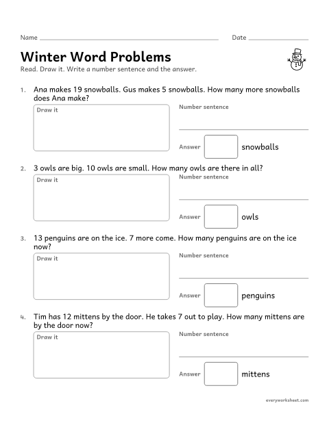 Preview of the printable “Winter word problems” worksheet: solving winter add, take away and compare word problems within 20