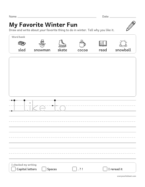 Preview of the printable “My favorite thing to do in Winter: writing prompt” worksheet: writing an opinion with a reason