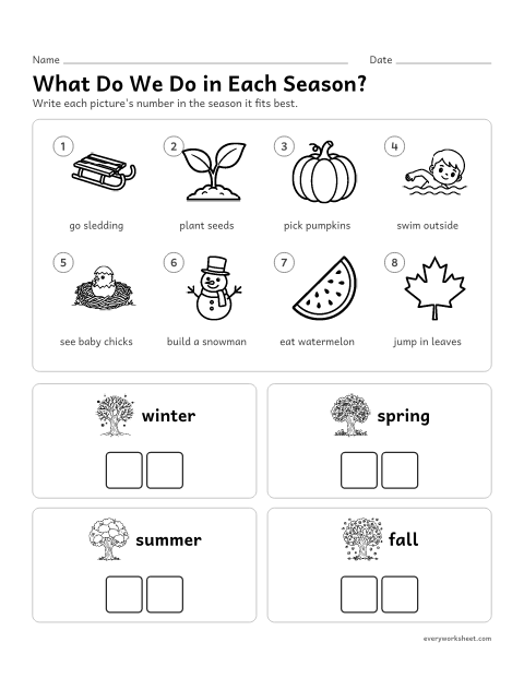 Preview of the printable “Seasons activities sort” worksheet: sorting activities into the four seasons