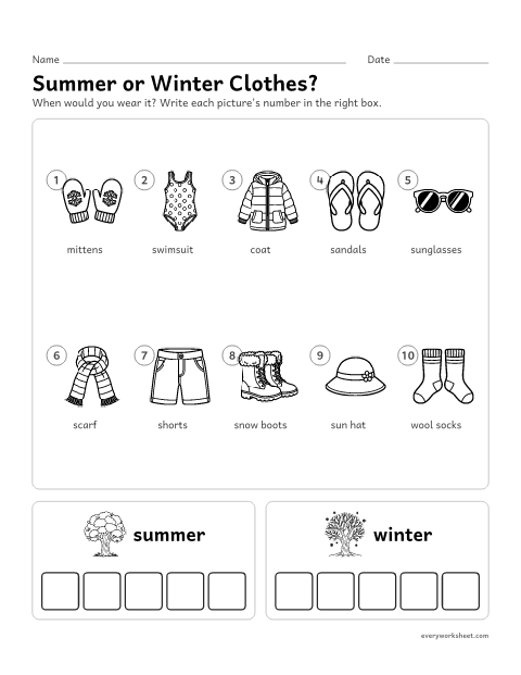 Preview of the printable “Seasons clothes Sort: summer or winter” worksheet: sorting clothes by the season they fit