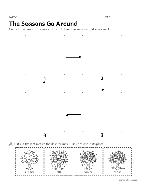Preview of the printable “Seasons cut and Paste: the seasons go around” worksheet: putting the four seasons in order in a repeating cycle