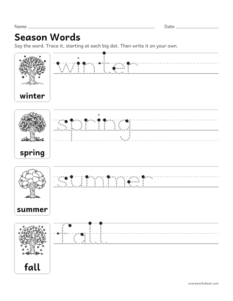 Preview of the printable “Seasons words Tracing: Winter, Spring, Summer, fall” worksheet: tracing and writing the names of the four seasons