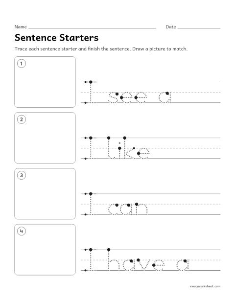 Preview of the printable “Sentence Starters: I See, I Like, I Can, I have” worksheet: finishing simple sentences that start with I
