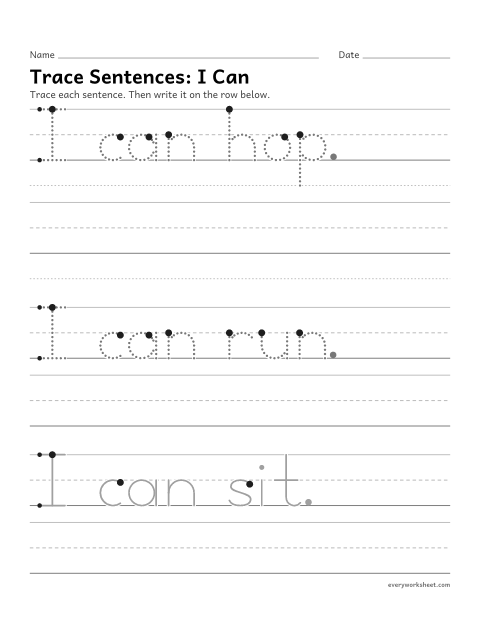 Preview of the printable “Trace Sentences: I can” worksheet: tracing and writing simple sentences (I can hop.)