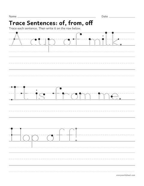 Preview of the printable “Trace Sentences: of, from, off” worksheet: writing sentences with the position words of, from and off