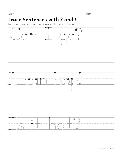 Preview of the printable “Trace sentences with ? and !” worksheet: writing sentences that end with a question mark or exclamation point