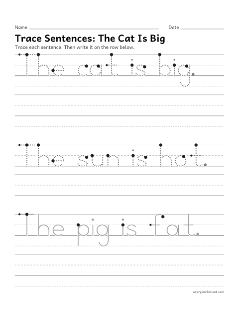 Preview of the printable “Trace Sentences: the cat is big” worksheet: tracing and writing sentences that tell about something