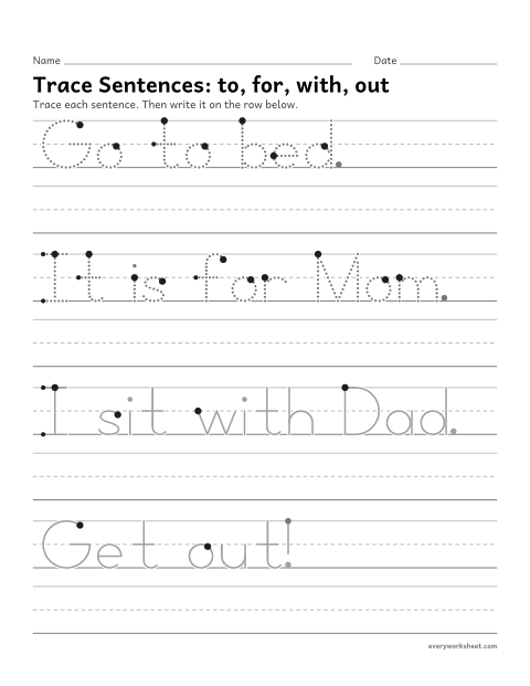 Preview of the printable “Trace Sentences: to, for, with, out” worksheet: writing sentences with the position words to, for, with and out