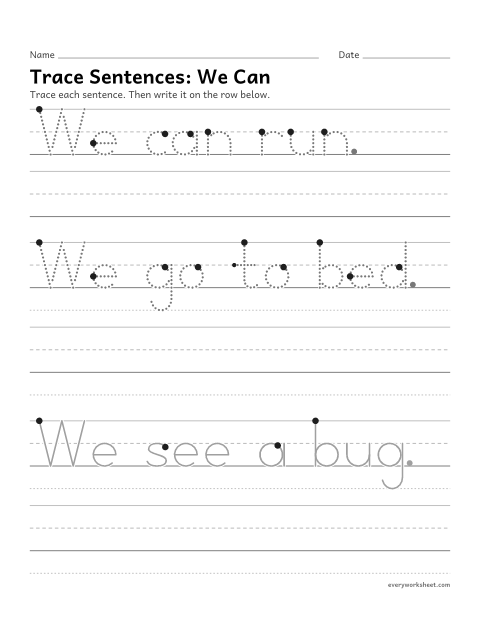 Preview of the printable “Trace Sentences: we can” worksheet: tracing and writing simple sentences (We can run.)