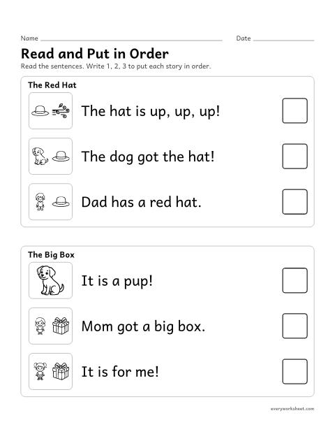 Preview of the printable “Sequencing sentences for kindergarten 1” worksheet: reading simple sentences and putting them in story order