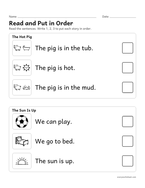 Preview of the printable “Sequencing sentences for kindergarten 2” worksheet: reading simple sentences and putting them in story order