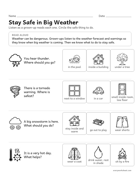 Preview of the printable “Severe weather Safety: what do we Do?” worksheet: choosing safe actions in thunderstorms, tornadoes, snowstorms and heat