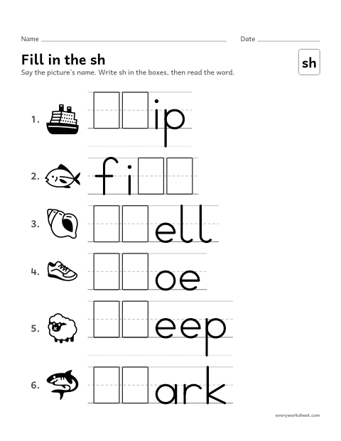 Preview of the printable “Fill in the sh” worksheet: writing the sh digraph in words
