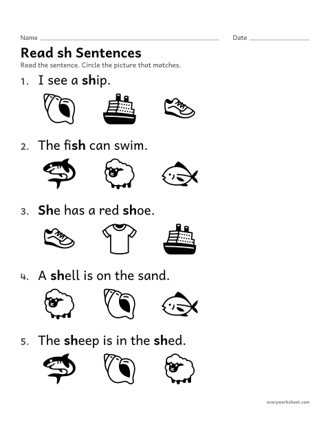Preview of the printable “Read sh sentences” worksheet: reading short sentences with sh words