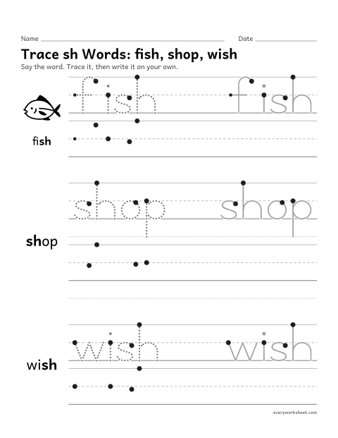Preview of the printable “Trace sh Words: fish, shop, wish” worksheet: writing words with the sh digraph