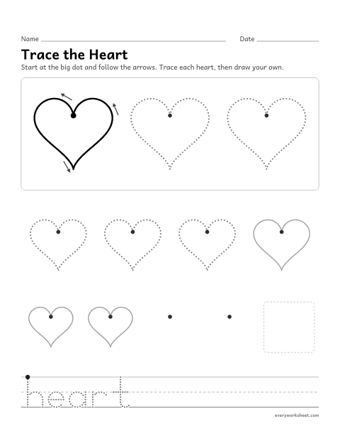 Preview of the printable “Trace the heart” worksheet: tracing and drawing a heart