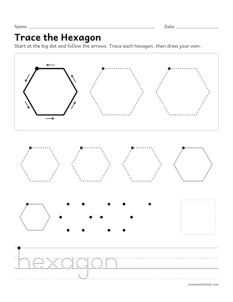 Preview of the printable “Trace the hexagon” worksheet: tracing and drawing a hexagon
