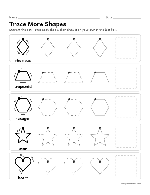 Preview of the printable “Trace more shapes” worksheet: tracing and drawing rhombuses, trapezoids, hexagons, stars and hearts