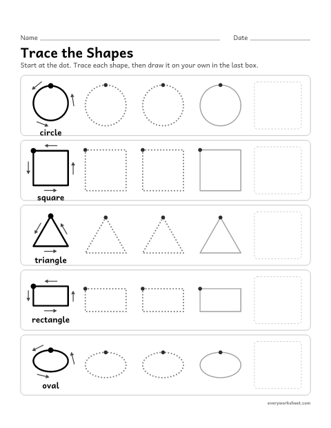Preview of the printable “Trace the shapes” worksheet: tracing and drawing circles, squares, triangles, rectangles and ovals