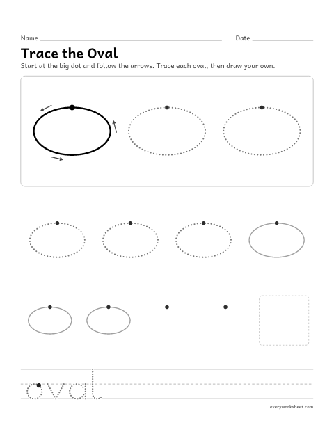 Preview of the printable “Trace the oval” worksheet: tracing and drawing a oval