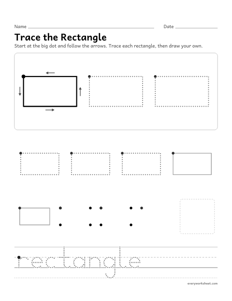 Preview of the printable “Trace the rectangle” worksheet: tracing and drawing a rectangle