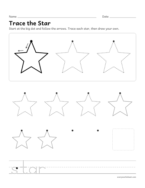 Preview of the printable “Trace the star” worksheet: tracing and drawing a star