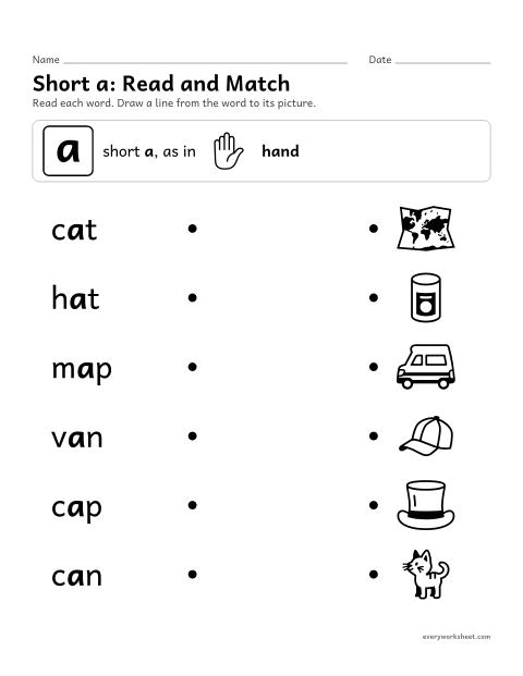 Preview of the printable “Short a Words: read and match” worksheet: reading short a words and matching them to pictures