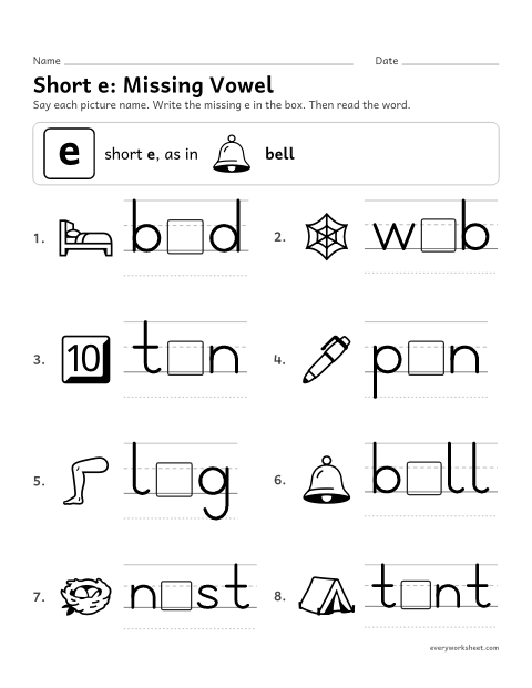 Preview of the printable “Short e: write the missing vowel” worksheet: writing the short vowel in picture words