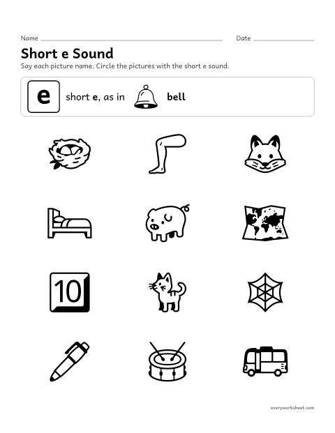 Preview of the printable “Short e Sound: circle the pictures” worksheet: hearing the short e sound in picture names