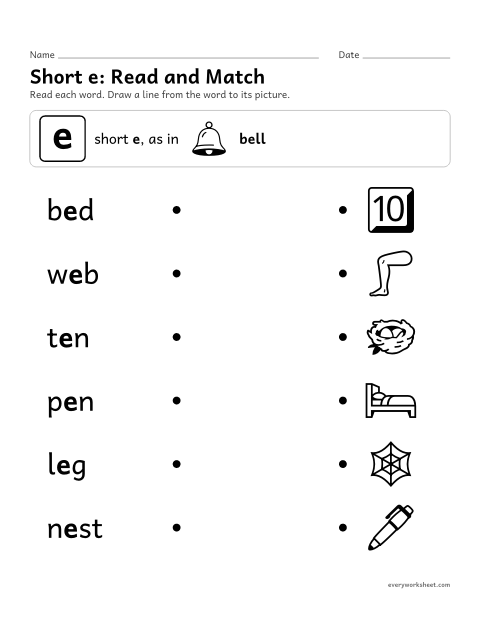 Preview of the printable “Short e Words: read and match” worksheet: reading short e words and matching them to pictures