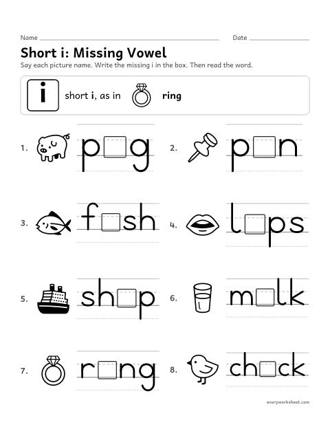 Preview of the printable “Short i: write the missing vowel” worksheet: writing the short vowel in picture words