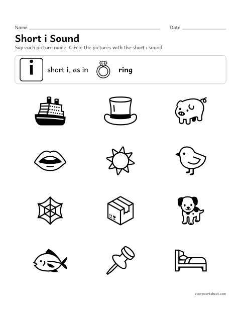 Preview of the printable “Short i Sound: circle the pictures” worksheet: hearing the short i sound in picture names
