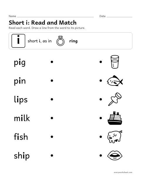 Preview of the printable “Short i Words: read and match” worksheet: reading short i words and matching them to pictures
