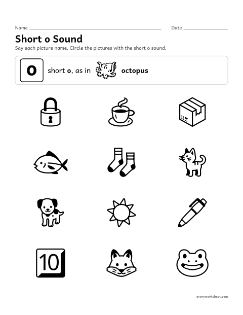 Preview of the printable “Short o Sound: circle the pictures” worksheet: hearing the short o sound in picture names
